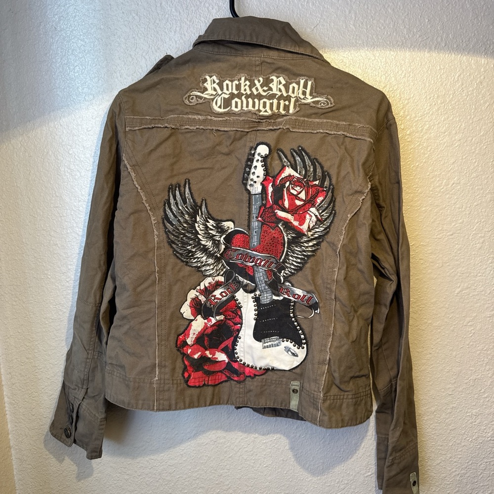 Rock & Roll Cowgirl Olive Embroidered Guitar Patch Jacket